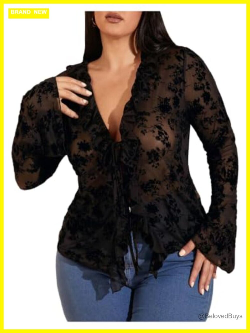 Plus Size Floral Lace Mesh Sheer Tie Front Long Sleeve Top